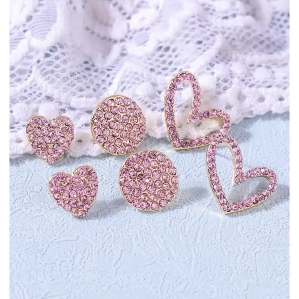 Rhinestone Pink Heart‎ Stud Earrings Post Stud Earrings Set Of 3 Fine Jewelry